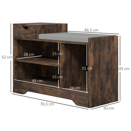 Upholstered Shoe Storage Bench with Seat, Drawer & 3 Shelves for Hallway - Rustic Brown