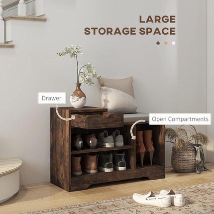Upholstered Shoe Storage Bench with Seat, Drawer & 3 Shelves for Hallway - Rustic Brown