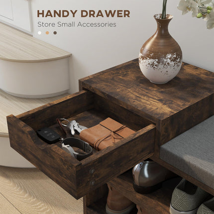 Upholstered Shoe Storage Bench with Seat, Drawer & 3 Shelves for Hallway - Rustic Brown