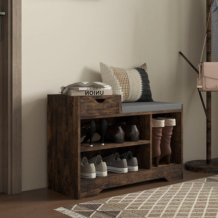 Upholstered Shoe Storage Bench with Seat, Drawer & 3 Shelves for Hallway - Rustic Brown