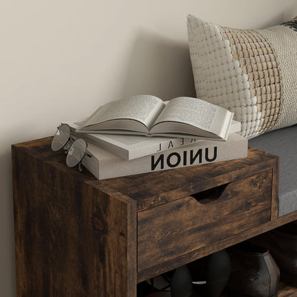 Upholstered Shoe Storage Bench with Seat, Drawer & 3 Shelves for Hallway - Rustic Brown