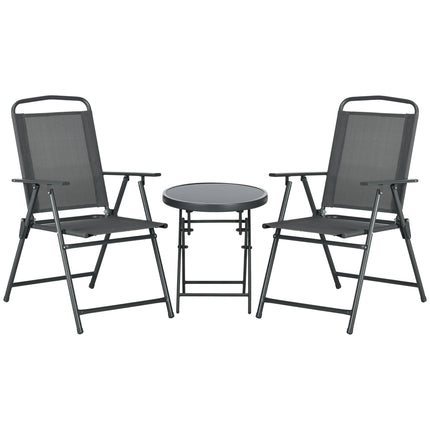 3-Piece Outdoor Garden Bistro Set with Foldable Armchairs & Glass Top Table - Dark Grey