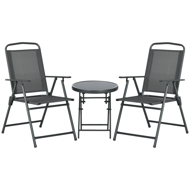 3-Piece Outdoor Garden Bistro Set with Foldable Armchairs & Glass Top Table - Dark Grey