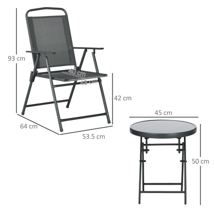 3-Piece Outdoor Garden Bistro Set with Foldable Armchairs & Glass Top Table - Dark Grey