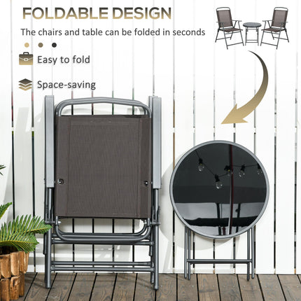 3-Piece Outdoor Garden Bistro Set with Foldable Armchairs & Glass Top Table - Dark Grey