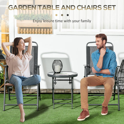 3-Piece Outdoor Garden Bistro Set with Foldable Armchairs & Glass Top Table - Dark Grey