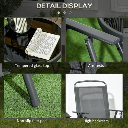 3-Piece Outdoor Garden Bistro Set with Foldable Armchairs & Glass Top Table - Dark Grey