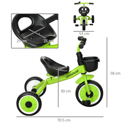 Adjustable Kids Tricycle with Basket and Bell for Ages 2-5 Years - Green
