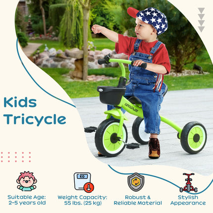 Adjustable Kids Tricycle with Basket and Bell for Ages 2-5 Years - Green