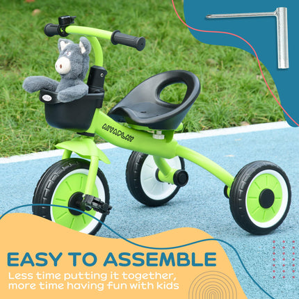 Adjustable Kids Tricycle with Basket and Bell for Ages 2-5 Years - Green