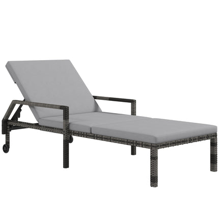 Outdoor Rattan Sun Lounger with Adjustable Backrest and Wheels - Grey