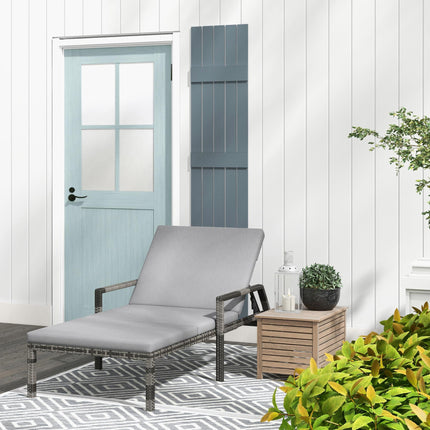 Outdoor Rattan Sun Lounger with Adjustable Backrest and Wheels - Grey