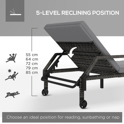 Outdoor Rattan Sun Lounger with Adjustable Backrest and Wheels - Grey