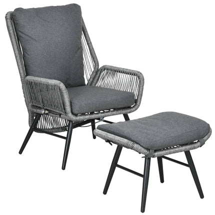 String Rattan Armchair and Footstool Set with Cushions - Grey