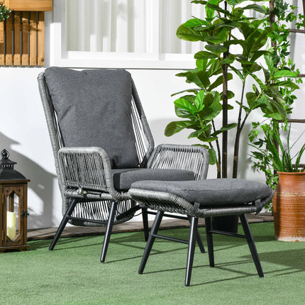 String Rattan Armchair and Footstool Set with Cushions - Grey