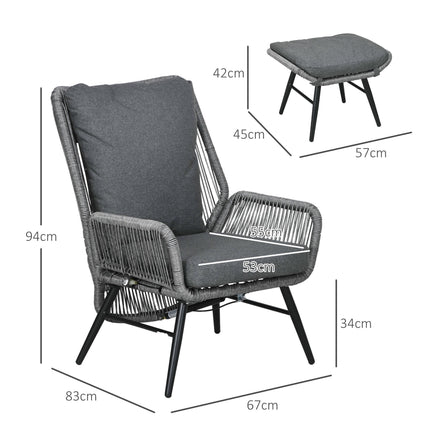 String Rattan Armchair and Footstool Set with Cushions - Grey