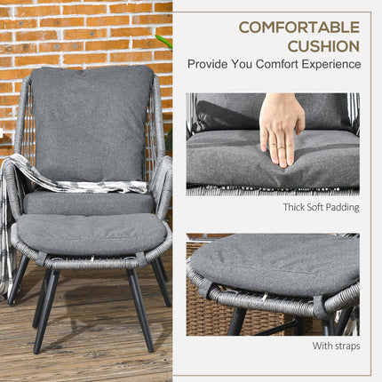 String Rattan Armchair and Footstool Set with Cushions - Grey