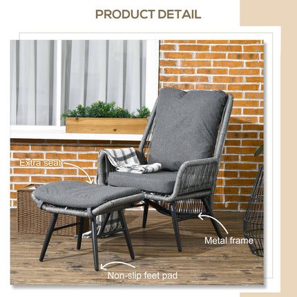 String Rattan Armchair and Footstool Set with Cushions - Grey