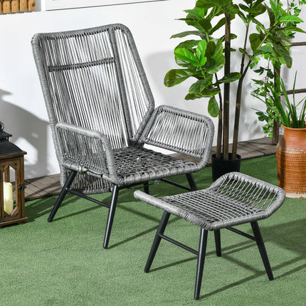 String Rattan Armchair and Footstool Set with Cushions - Grey