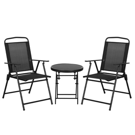Three-Piece Foldable Garden Seat Set with Glass-Top Table - Black