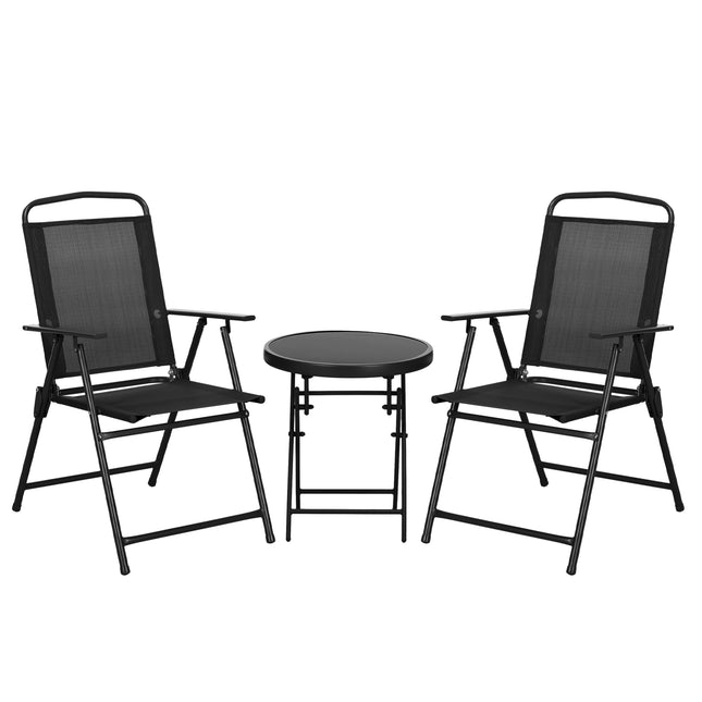 Three-Piece Foldable Garden Seat Set with Glass-Top Table - Black