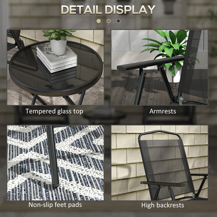 Three-Piece Foldable Garden Seat Set with Glass-Top Table - Black
