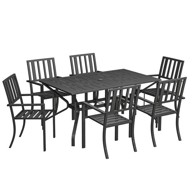 7-Piece 6-Seater Garden Table and Chairs Set with Umbrella Hole - Black