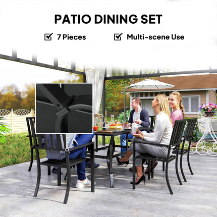 7-Piece 6-Seater Garden Table and Chairs Set with Umbrella Hole - Black