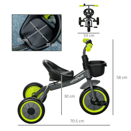 Kids Adjustable Seat Tricycle with Bell and Basket for Ages 2-5 Years - Black