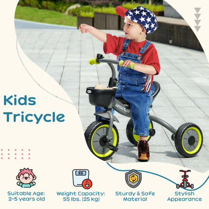 Kids Adjustable Seat Tricycle with Bell and Basket for Ages 2-5 Years - Black