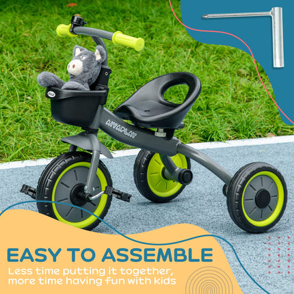 Kids Adjustable Seat Tricycle with Bell and Basket for Ages 2-5 Years - Black