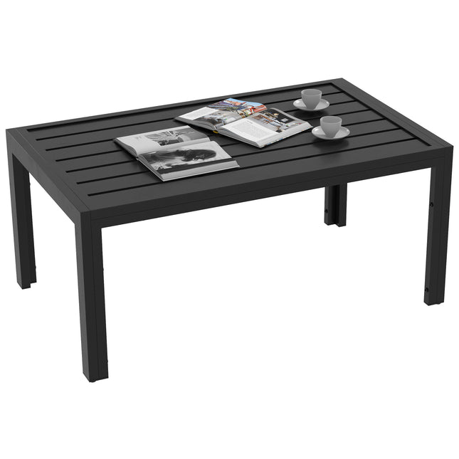 Rectangular Outdoor Patio Side Table with Steel Frame and Slatted Top - Black