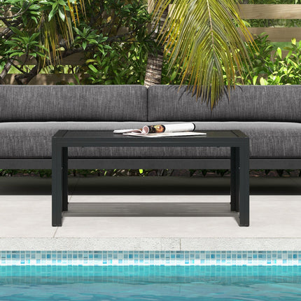 Rectangular Outdoor Patio Side Table with Steel Frame and Slatted Top - Black