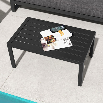 Rectangular Outdoor Patio Side Table with Steel Frame and Slatted Top - Black