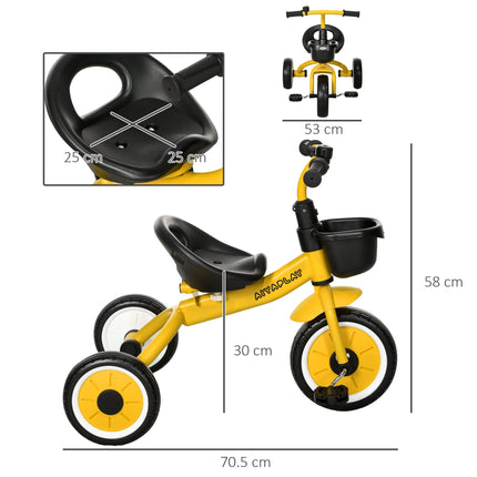 Adjustable Kids Tricycle with Basket and Bell for Ages 2-5 Years - Yellow