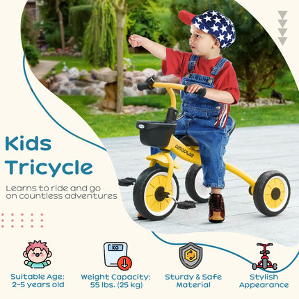 Adjustable Kids Tricycle with Basket and Bell for Ages 2-5 Years - Yellow