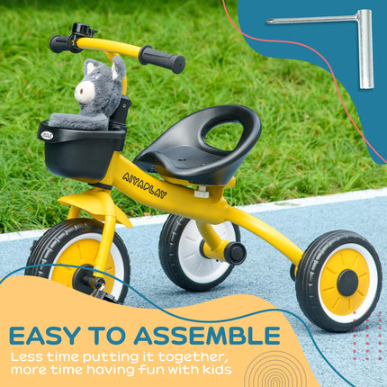 Adjustable Kids Tricycle with Basket and Bell for Ages 2-5 Years - Yellow