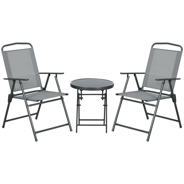 3-Piece Foldable Garden Bistro Table and Chairs Set with Glass Top - Light Grey
