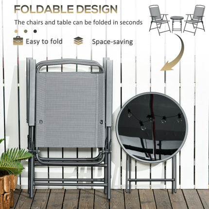 3-Piece Foldable Garden Bistro Table and Chairs Set with Glass Top - Light Grey
