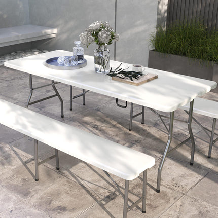 Folding Garden Table, 180 x 75cm Rectangular HDPE Outdoor Picnic Table for 6, Me