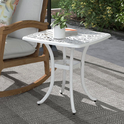 Cast Aluminium Square Bistro Table with Umbrella Hole for Balcony - White