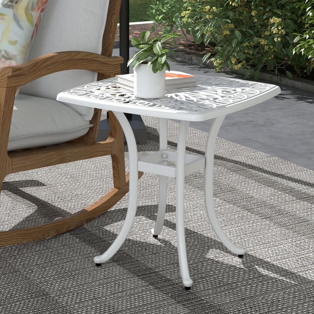 Cast Aluminium Square Bistro Table with Umbrella Hole for Balcony - White