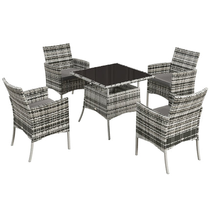 5 Piece Outdoor Rattan Dining Set with Tempered Glass Tabletop - Grey