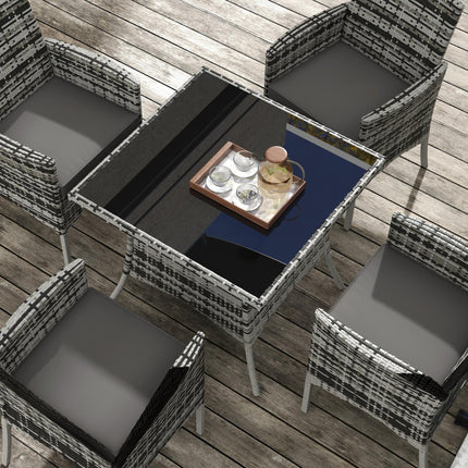 5 Piece Outdoor Rattan Dining Set with Tempered Glass Tabletop - Grey