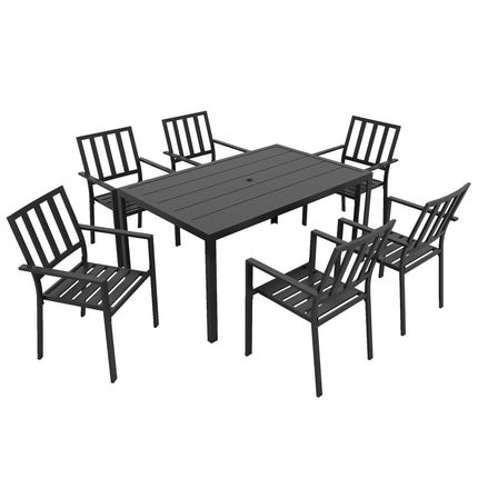 7 Piece Garden Dining Set with Metal Table & Stackable Chairs - Black