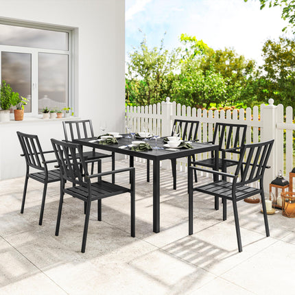 7 Piece Garden Dining Set with Metal Table & Stackable Chairs - Black