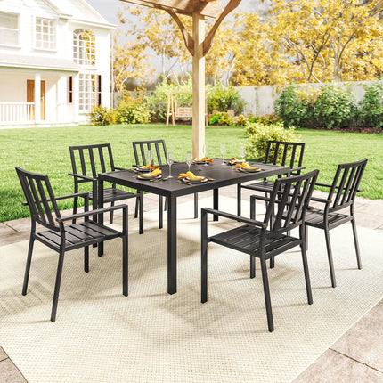 7 Piece Garden Dining Set with Metal Table & Stackable Chairs - Black