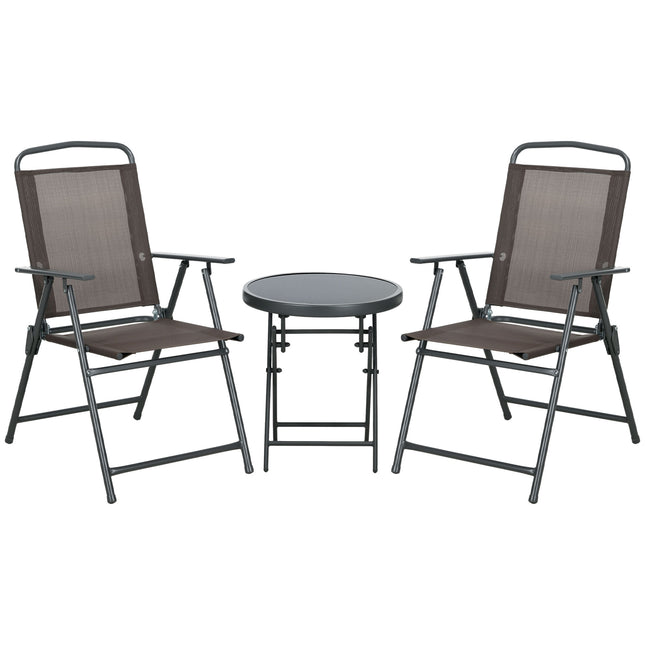 3 Piece Outdoor Bistro Set with Foldable Armchairs and Glass Table - Brown