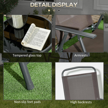 3 Piece Outdoor Bistro Set with Foldable Armchairs and Glass Table - Brown