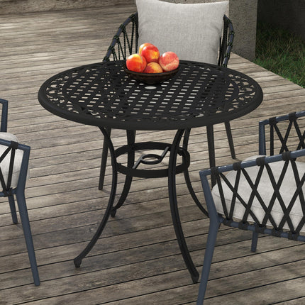 90cm Round Cast Aluminium Outdoor Dining Table with Parasol Hole for 2-4 - Black